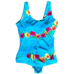 Womens 14 Vintage Sf One Piece Bathing Suit Bright Blue Colorful Tropical Floral